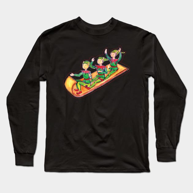 Elves on toboggan in gouache Long Sleeve T-Shirt by holidaystore